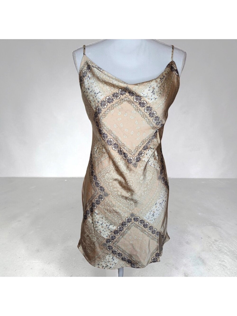 Vtg J for Justify Medium Mini Slip Dress - Tan Champagne SatinY2K Boho Bandana